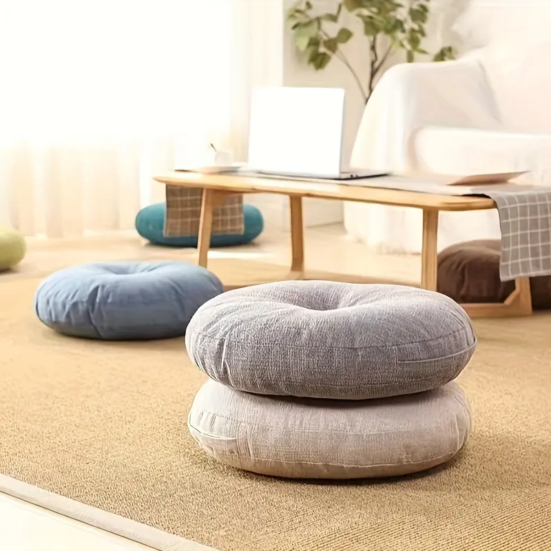 1pc Thick Linen Tufted Japanese-Style Round Tatami Floor Cushion - Removable, Washable Meditation Pillow for Bay Window, Living Room Decor
