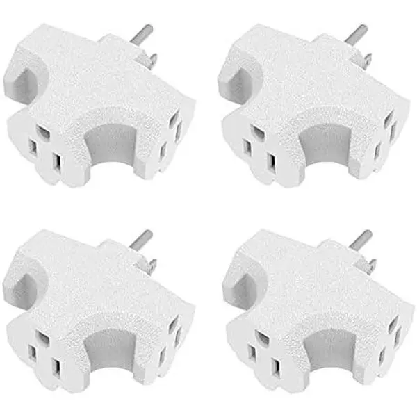 Three Plug Outlet Adapter, T-Shaped Adapter,Electric Outlet Extender, Sideways Plug Adapter, Heavy Duty Ground Power Tap, UL Listed, White (4PACK)