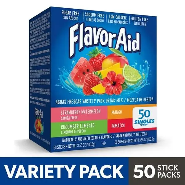 Flavor Aid Aguas Frescas Singles To Go Powdered Drink Mix Variety Pack, Strawberry Watermelon, Mango, Cucumber Limeaid, Jamaica, Sugar-Free, 50 Count Packets