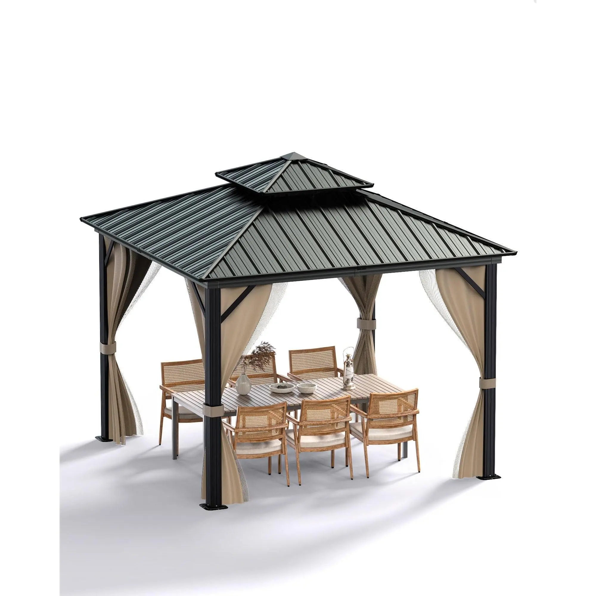 Garvee 12ft x12ft Hardtop Gazebo - Outdoor Patio Heavy Duty All-Weather Insect Repel 360-Degree Privacy Shelter, Double Metal Roof, Aluminum Alloy Frame, Net, Curtain, Khaki Permanent Backyard Building, Heavy Duty Weatherproof Shelters & Gazebos