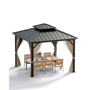 Garvee Hardtop Gazebo 12 ft x12 ft for All Weather, with Double Metal Roof, Aluminum Alloy Frame, Net, and Curtain, Permanent Building for Patio, Deck, Backyard, Lawn, and Garden, Khaki