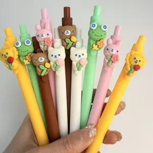 5/15/25pcs Creative Simple Cartoon Animal Flower Bear Styling Pen PVC Soft Rubber Press type Ballpoint Pen Frog Flower DIY Patch Pen Student Stationery Pen