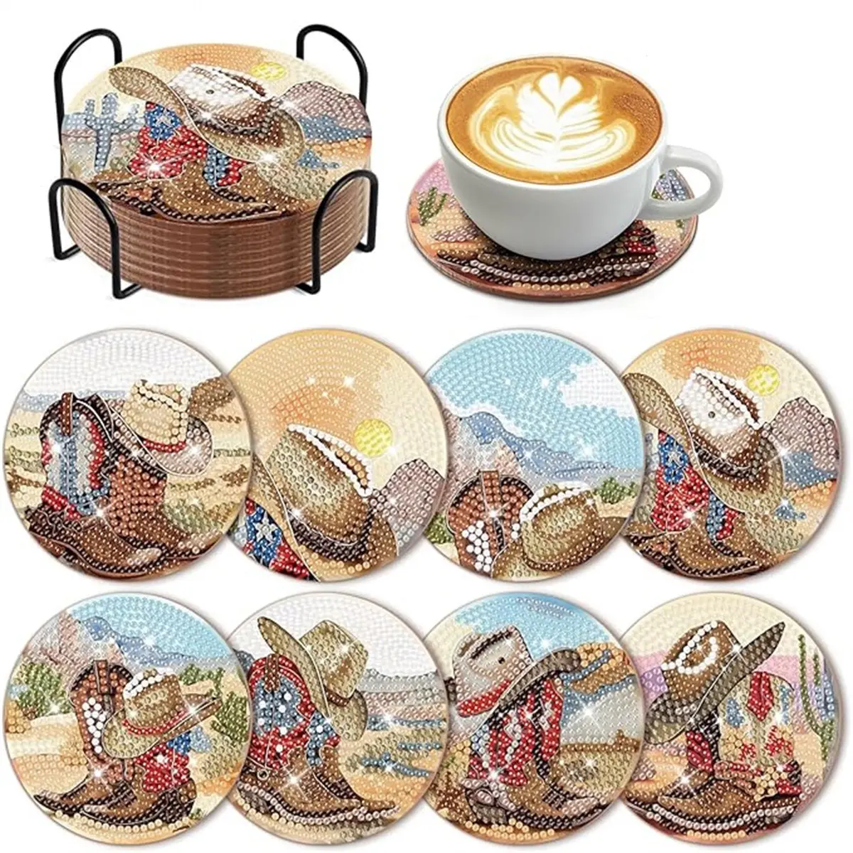 8 pieces/set of diamond art painting coasters with brackets, Decorative Coaster, DIY Western cowboy pattern diamond art coasters, suitable for adults and beginners as diamond painting sets, diamond set craft supplies, Coasters for Drinks