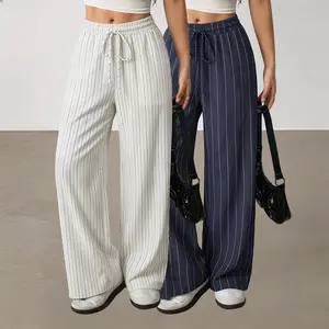 Women’s two-piece set for couples featuring a striped design—versatile wide-leg pants that are loose, comfortable, and drawstring long trousers. Effortless for everyday wear, with a comfortable, loose, skin-friendly design.