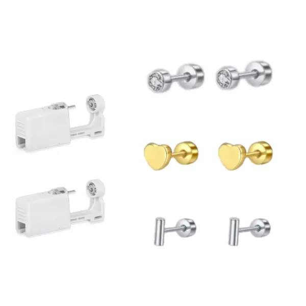 Funky Hypoallergenic Stainless Steel Heart Cubic Zirconia Faux Flat Back Earrings Set, Matching Disposable Ear Placement Helper Included, Minimalist Fashion Ornaments for Women Daily & Home Decoration