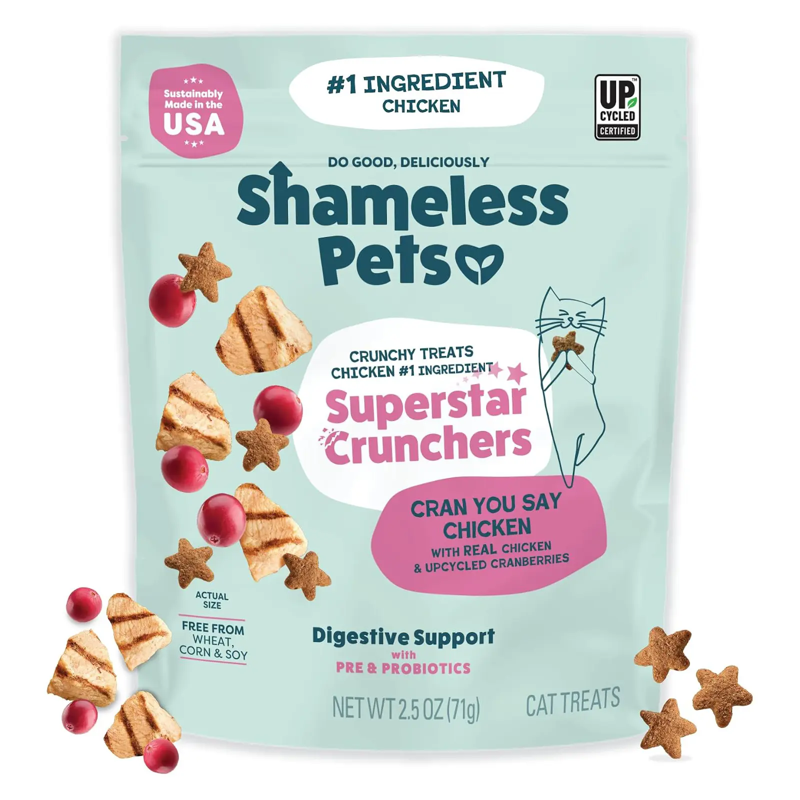 Shameless Pets Crunchy Cat Treats - Kitty Treats for Cats with Digestive Support, Natural Kitten Treats with Real Chicken, Healthy Flavored Feline Snacks - Cran You Say Chicken, 1-Pk