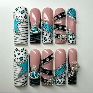 Teal Leopard Crystal Press-On Nails, Zebra & Animal Print Mix, Rhinestone Detail, Glam Statement Nails
