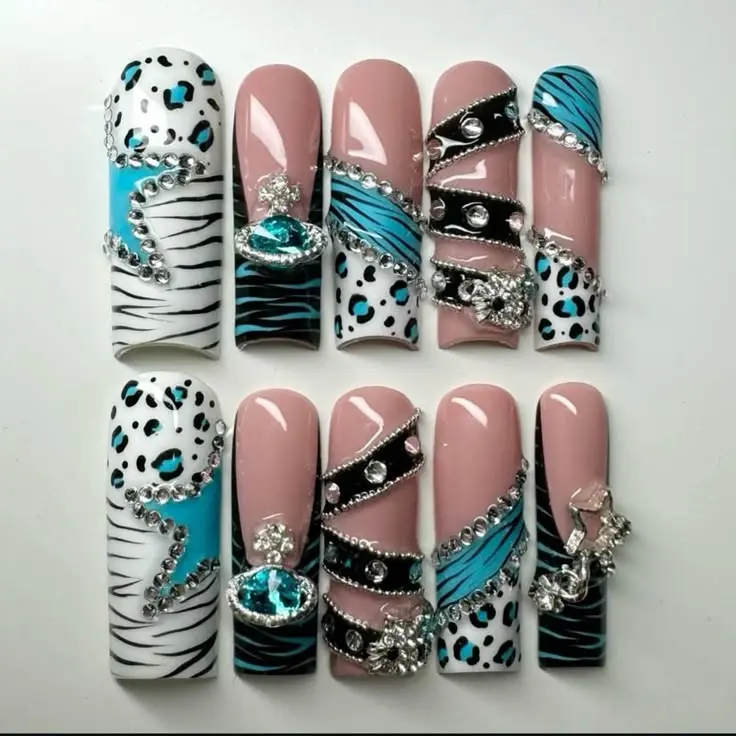 Teal Leopard Crystal Press-On Nails, Zebra & Animal Print Mix, Rhinestone Detail, Glam Statement Nails