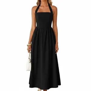 Sleeveless halter-neck off-shoulder ruched high-waisted pocket dress Minimalist Basic prom dress formal dresses for women spring wedding guest dress