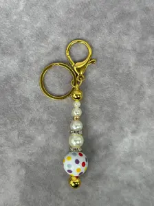 Handmade White Multi Pearl Bar Keychain Bag Charm with Polished Gold Hardware