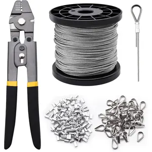 328ft Wire Rope Crimping Tool Kit, 1/16" Stainless Steel Wire Rope Cable with Aluminum Crimping Sleeves and Stainless Steel Thimbles for Railing, Decking, Picture Hanging