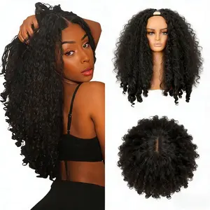 New Afro V Part Wig with Curly Ends Kinky Synthetic Hair 20 Inch Soft Bouncy Curls Full Volume for Women No Leave Out Clip in Half Wig