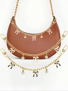 Pink Bow Pearl Bag Chain Charms, Gold Tone Bag Chains with Enamel Bow & Faux Pearl Charms, Sweet Coquette Bag Charm Pendants, Feminine Bag Chain Accessories, Cute Bag Decoration Keychain for Tote & Backpack