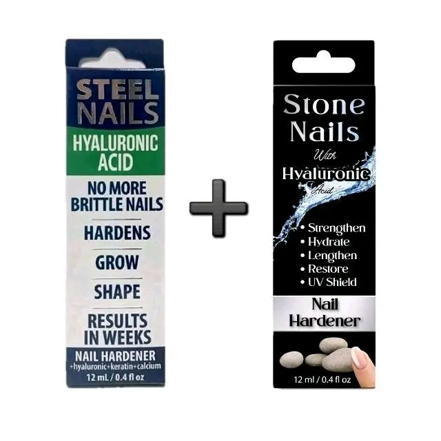 (Duo Pack) Steel & Stone Nails Hyaluronic Acid Hardener - Glossy Nail Polish for Youth, Strengthens, Moisturizes, Ideal for Manicure Needs
