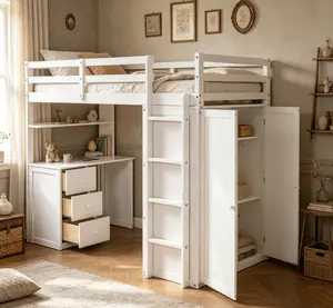 Twin/Full Loft Bed with Drawers Desk & Wardrobe White Finish Modern Design for Bedroom Storage Organization 78.3" L x 44" W x 65" H Solid Pine Wood Frame