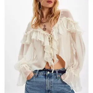 Women’s long-sleeve ruffle top, loose fit, solid color, sheer, tie-front V-neck blouse — casual streetwear womenswear