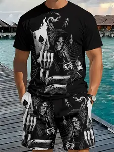 Men's 3D Digital Print Crewneck Short Sleeve Set, Dark Skull Trendy Two-Piece, Comfortable and Relaxed Fit, All Seasons Wear