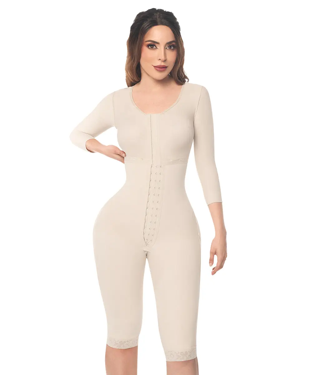 Knee Length Bodysuit With Bra • Long Sleeves • 3 Compression Hook Levels • Perineal Zipper • Beige (O-103)