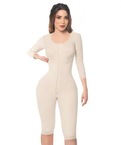 Knee Length Bodysuit With Bra • Long Sleeves • 3 Compression Hook Levels • Perineal Zipper • Beige (O-103)