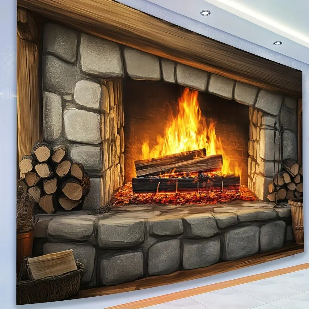 1pc 2D Printed Flat Open Stone Fireplace Textile Ornament with Burning Firewood - Artistic Home Supplies Decoration, Living Room Wall Art Backdrop (Textiles & Soft Furnishings, Bedding and Linens, Blankets & Throws)