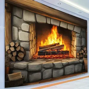 1pc 2D Flat A Beautiful Open Stone Fireplace with Burning Firewood Perfect for Home Decor Backdrops Living Room Decoration Room Embellishment And Everyday Styling. Ornaments Wall
