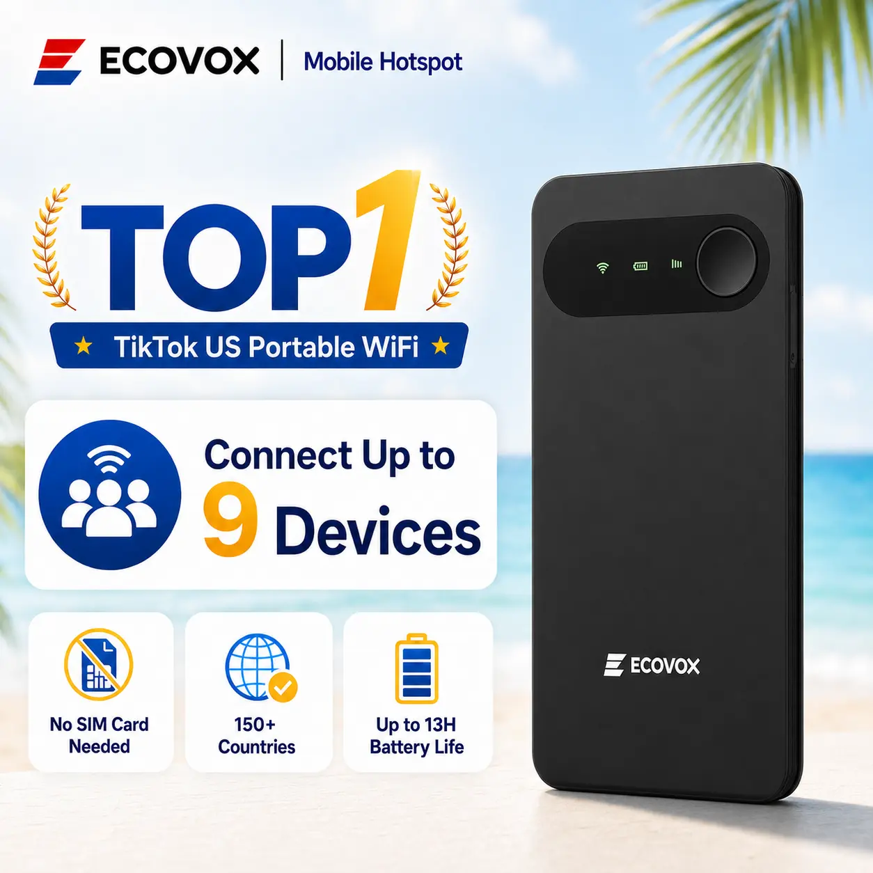 ECOVOX Portable WiFi Hotspot 4G LTE, Pay-as-You-Go Wireless Internet Device, No Contract, Multi-Carrier Support, Connect 9 Devices, Free 1GB Data for Travel, Campers, Road Trips, Truckers