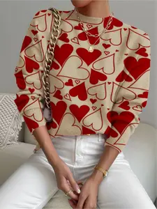 Women'S Heart Print Stand Collar Sweater, Casual Long Sleeve Knitwear For Fall Winter, Comfortable Warm Daily Wear