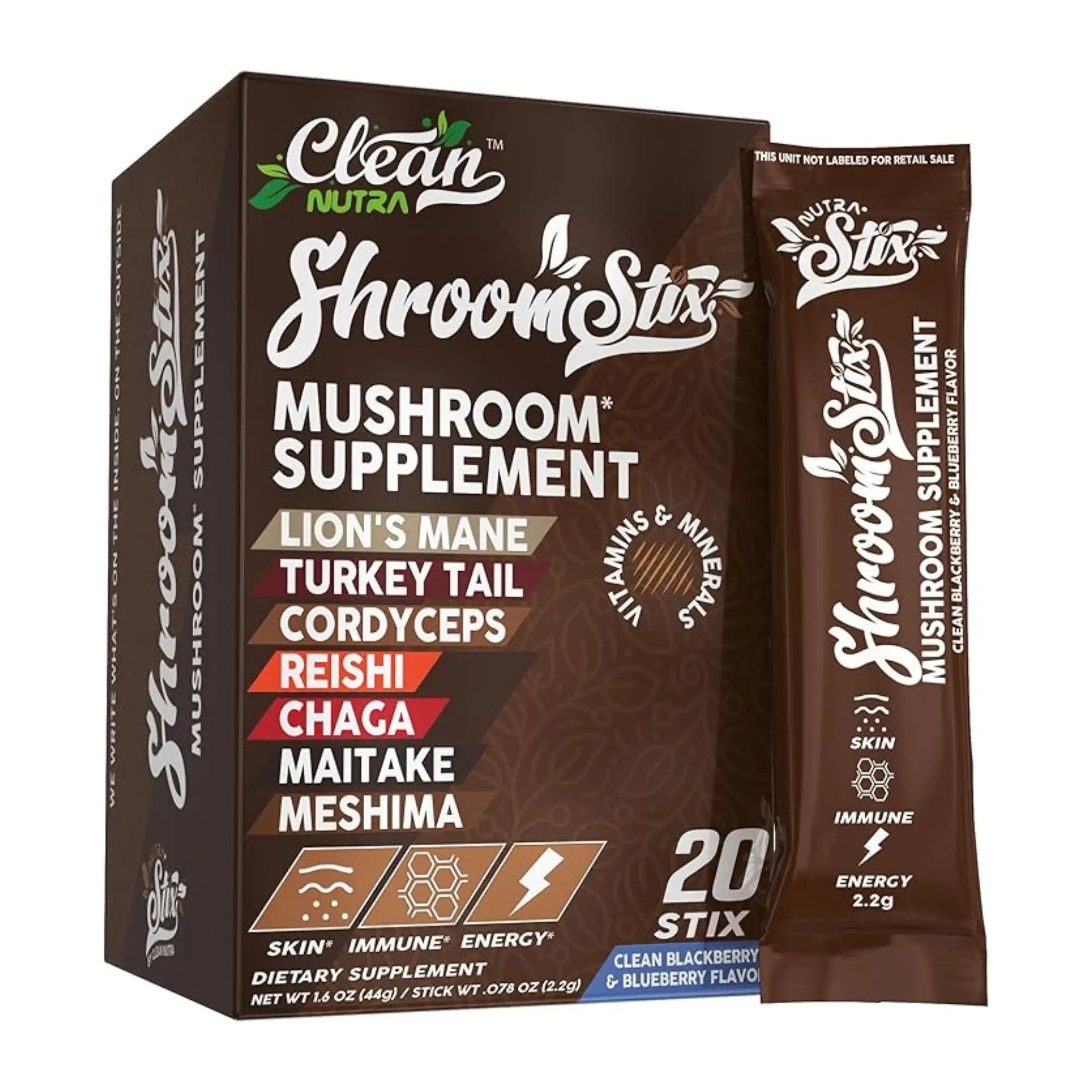Clean Nutra Lion's Mane, Turkey Tail, Cordyceps, Reishi, Chaga, Maitake & Meshima Mushroom Blend for Energy, Immunity & Skin Health - Shroom Stix Clean Nutra Lion's Mane, Turkey Tail, Cordyceps, Reishi, Chaga, Maitake & Meshima Mushroom Blend for Energy, Immunity & Skin Health - Shroom Stix