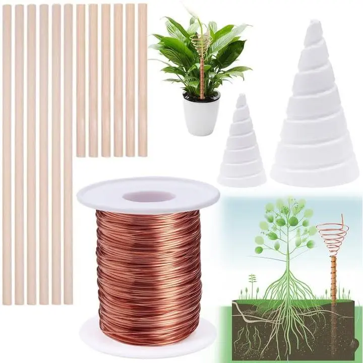 YBB Electroculture Gardening Copper Kit - 99.9% Pure Copper Wire (16-Gauge, 65.6Ft), 2 Fibonacci Coil Winding Jigs, 6 Garden Stakes Antennas (11.8in), Wood Components for Outdoor Planters, Efficient Signal Transmission, Reduced Need for Fertilizers