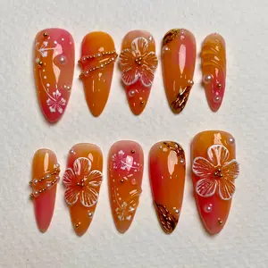 Sunset Hibiscus Orange Press On Nails, Tropical Flower Jelly Fake Nails with Gold Accents