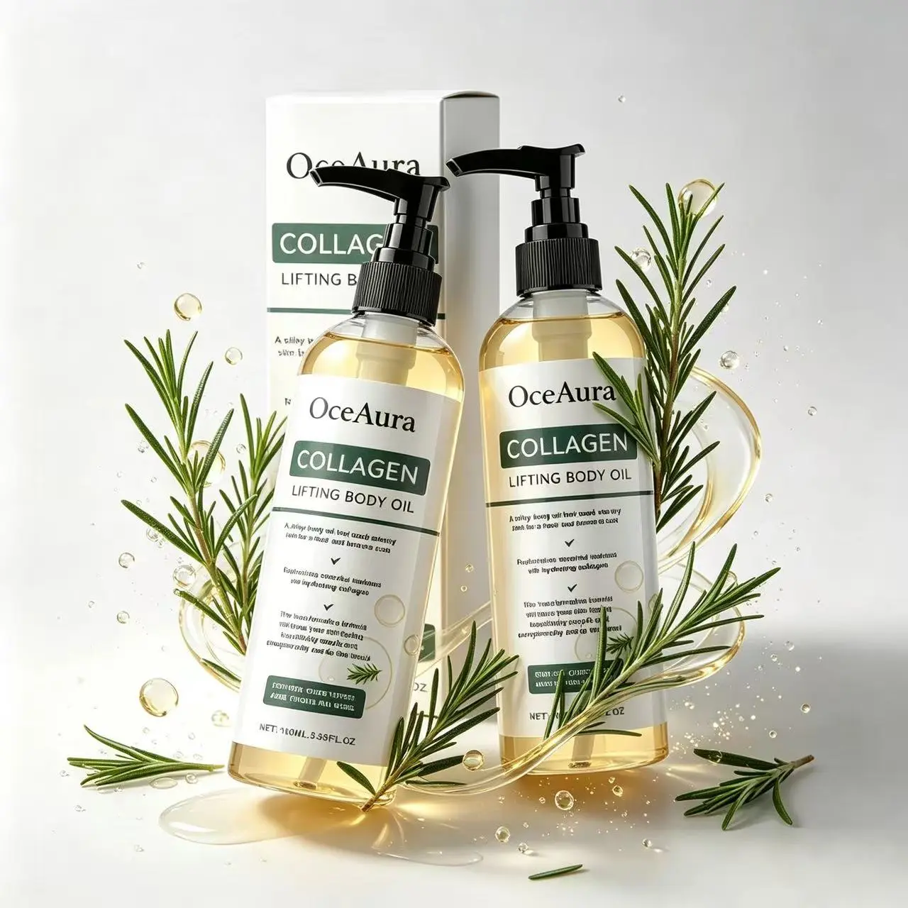 OceAura – Collagen Body Oil that enhances radiance, hydrates, moisturizes, and firms; lightweight, non-greasy body oil set for after showering, suitable for neck, chest, arms, and legs; unisex; moisturizing body oil.