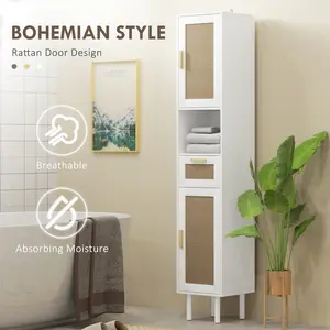 HOMCOM Tall Bathroom Storage Cabinet with Rattan Doors, Freestanding Bathroom Cabinet with Open Shelf, Drawer, Cabinets and Adjustable Shelves for Small Space