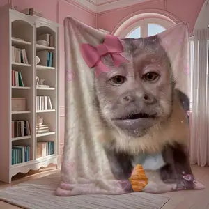1pc Funny Monkey Print Flannel Blanket - Soft All-Season Throw with Playful Monkey & Pink Hearts Design, Contemporary Digital Print for Father's Day, Mother's Day, Weddings - Cozy Home Decor Gift, Monkey Blanket,