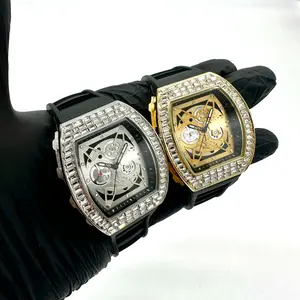 Men's Gold/Silver 40mm Baguette Crystals Tonneau Rubber Strap Watch