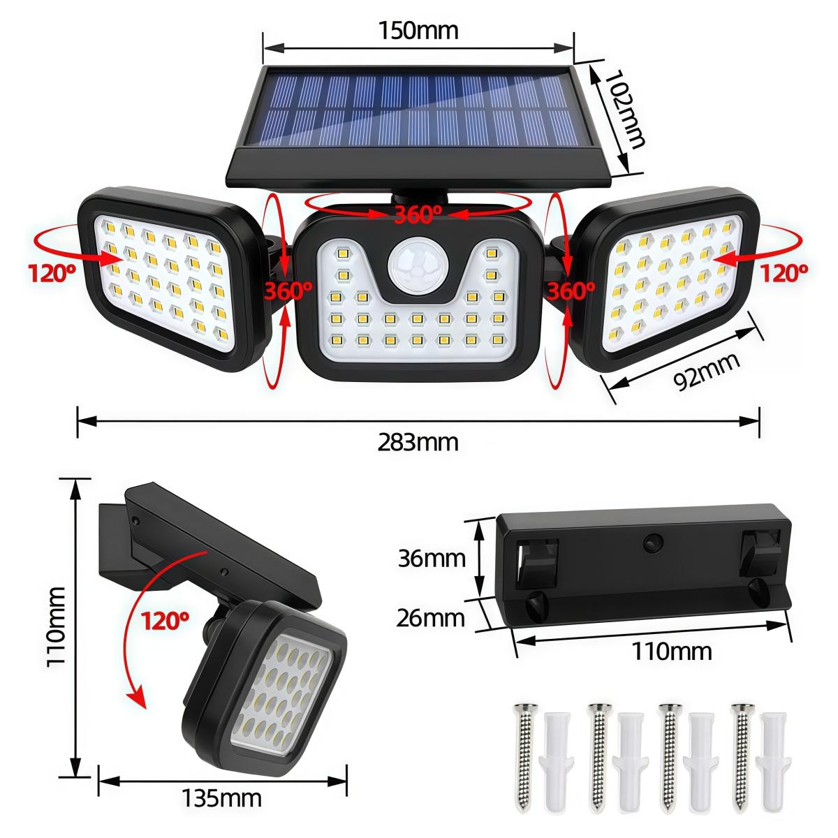 2 Packs Solar Outdoor BLACK FRIDAY Lights 2500LM Security Lights, 3 Heads Dimmable Spot Lights with 3 Modes, lP65 Waterproof, For Yard, Garage, Porch, Pool, Garden, Barn, Patio, Christmas gifts