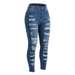 Lady's Basic Everyday Pieces Viral Blue High-Waisted Ripped Skinny Jeans, Butt Lifting, Tummy Control, Stretchy Denim, Slim-Fitting Long Pants for Casual & Party Wear, All-Seasons Womenswear Fashion Bottoms outdoorfun
