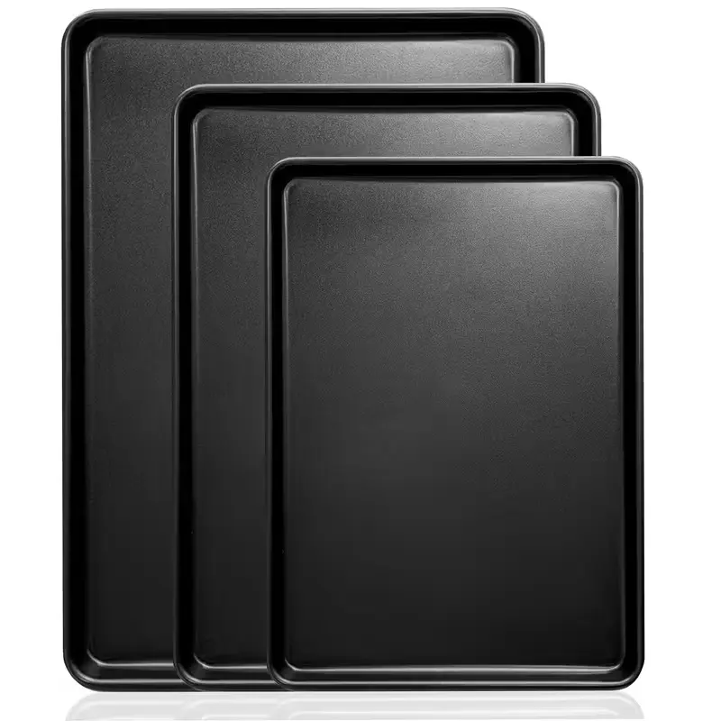 Rectangular Black Nonstick Baking Sheet Set (13in, 15in, 17in) - Food Grade, Heat Resistant, Non-Toxic, Easy-to-Clean, Stackable Kitchen Bakeware for Baking Cookies, Cakes, Roasting Chicken, Cooking