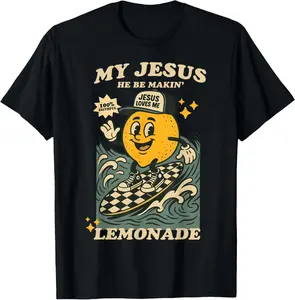Life has given me some lemons, but my Jesus will turn them into lemonade T-shirts. Retro Cartoon Faith Graphic Tee for Men & Women, Casual Cotton Religious Apparel, Inspirational Gift for Jesus Believers