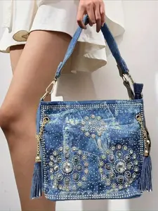 Ladies' fashionable diamond inlaid elegant bucket bag, personalized Y2K street style, Casual Trendy Bag, suitable for work, commuting, dating, and gatherings, digital printed gradient diamond decorative flower shoulder crossbody bag