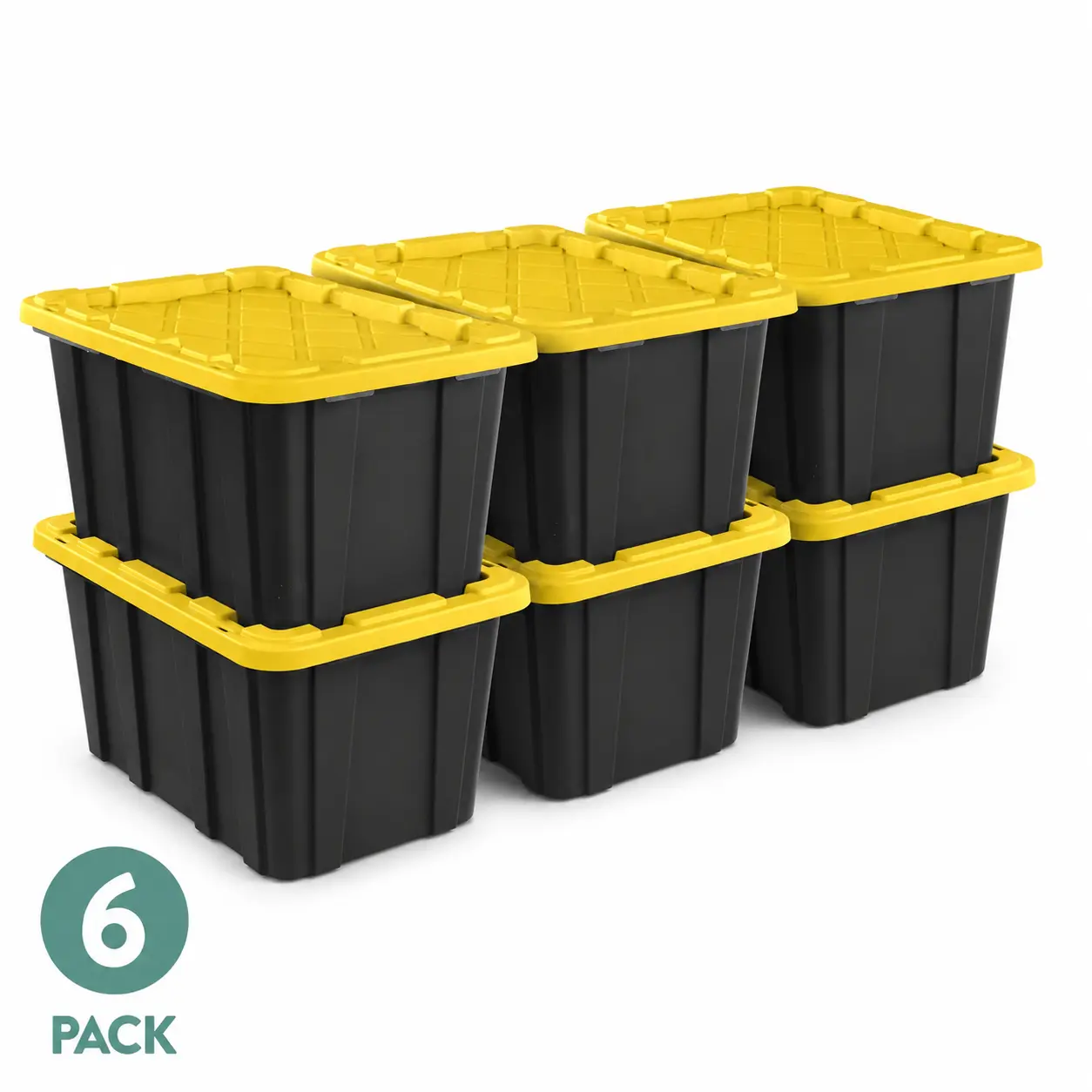 6-Pack 27 Gal Large Plastic Storage Bins with Snap-On Lids, Durable Home Organizer Totes with Secure-Grip Handles, Black and Yellow Storage Boxes