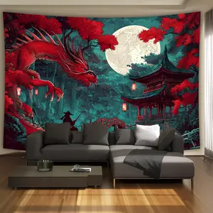 1pc Ultra Large Classical Martial Arts Dragon Tapestry - Asian-Inspired Landscape with Red Dragon, Cherry Blossoms & Pagoda Under Full Moon - HD Printed Polyester Wall Hanging for Living Room, Bedroom, Home Office Decor - Wrinkle-Resistant, Hand-Stitched