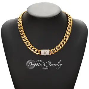 Bubble X Mens Silver Golden Initial Letter(A-L) Cuban Link Chain 14MM Necklace Stainless Steel Miami Thick Necklace Hip Hop Jewelry 16-30 Inches