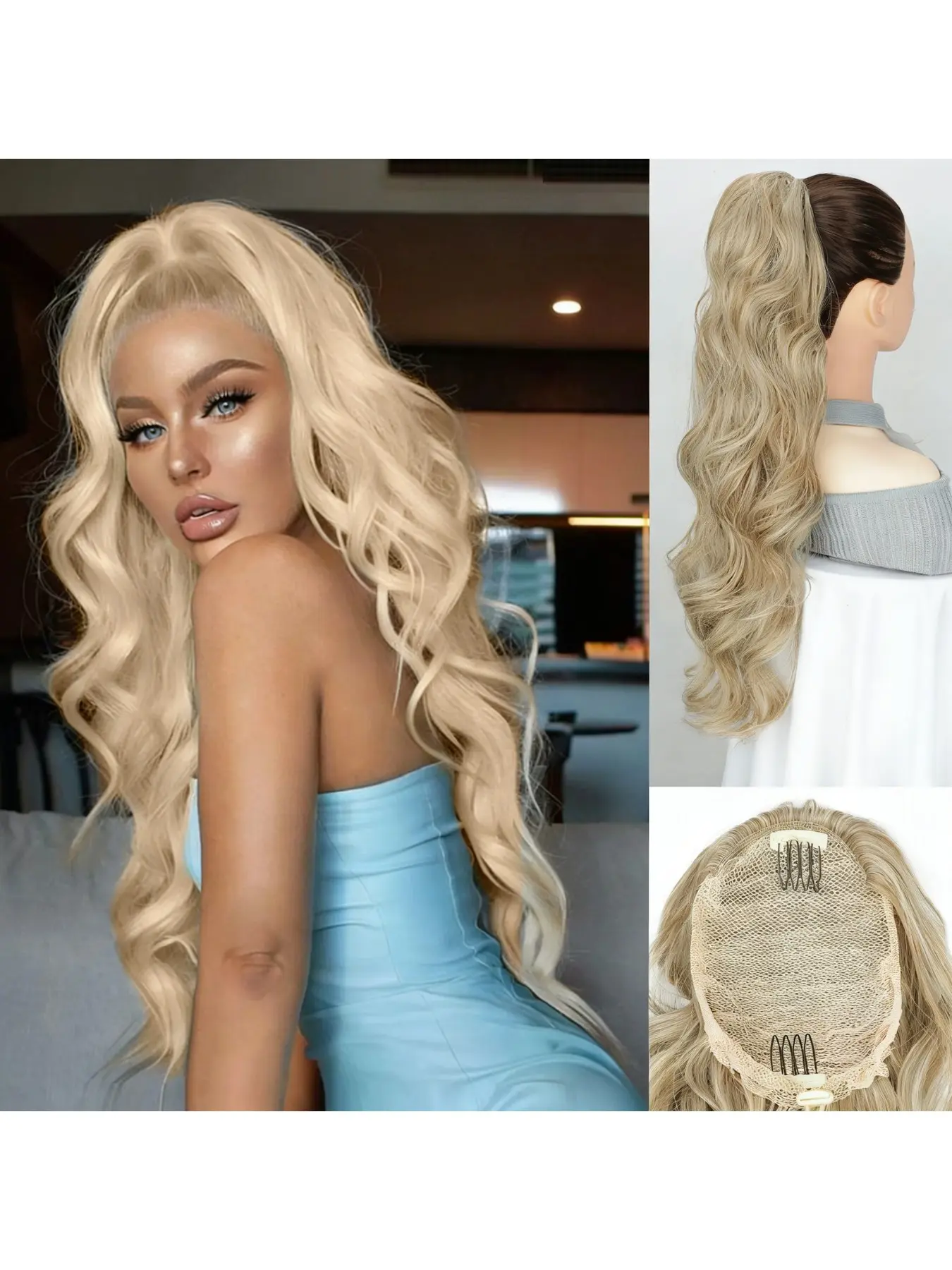 Long Wavy Drawstring Ponytail Synthetic Hair Extension, Voluminous Natural High Ponytail for Women, Daily Wear Accessory