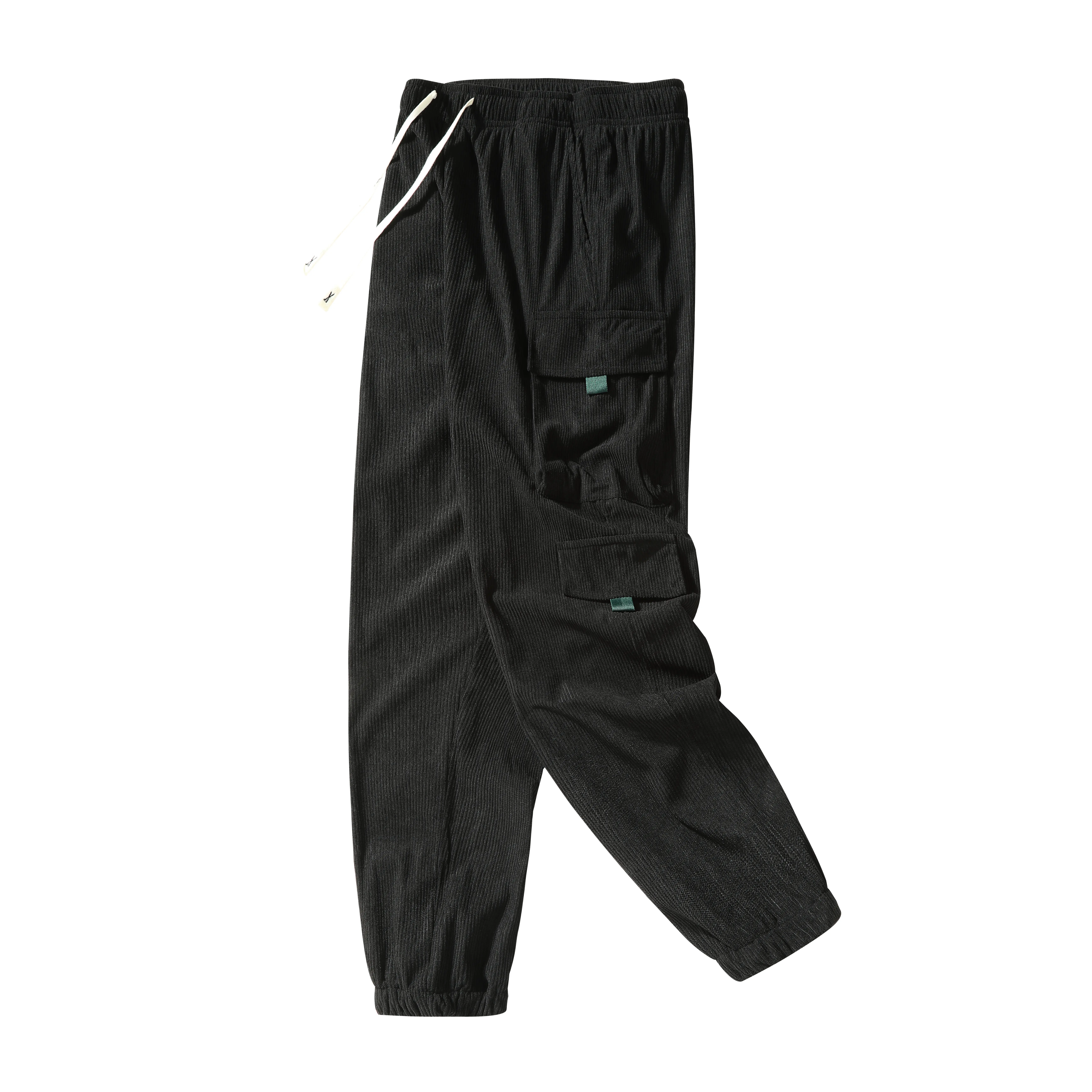 Men's Corduroy Work Trousers - Menswear, Polyester Plain Fabric, Elastic Drawstring Waist, Multi-Pocket, Contrast Buckle, Elastic Ankle Cuff, Functional Side Bags, Loose Soft Streetwear Pants (Pairs with Hoodies, Sweatshirts, Jackets, Sneakers), Full Leng