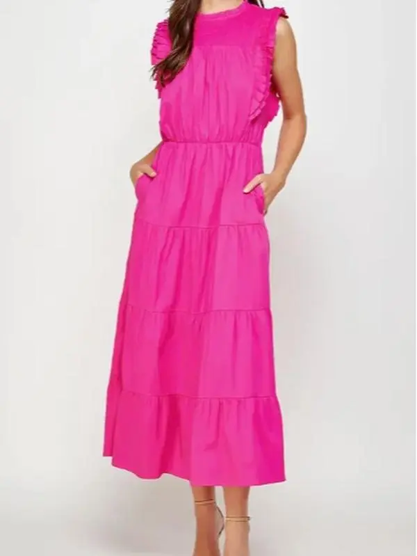 "Garden Party" Poplin Multi-Tiered Sleeveless Fuchsia Midi Dress With Pockets