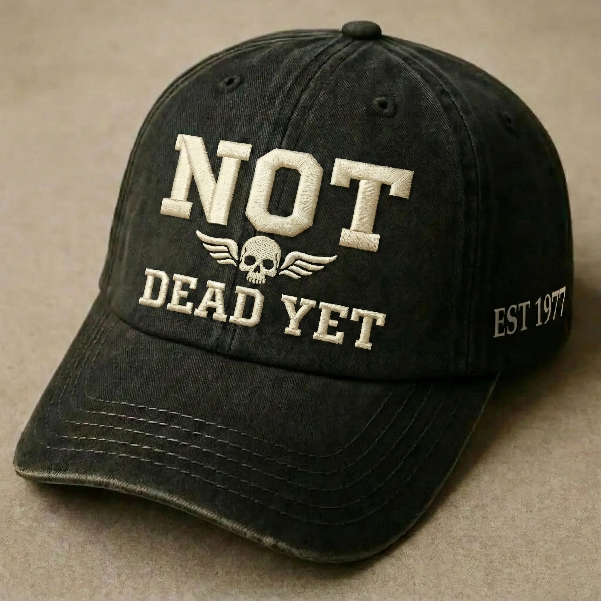 Retro Unisex Waxed Cotton Embroidered Hat - Personalized 1965-1980 Gen X Cap, "Not Dead Yet" Gift for Parents, Sports & Outdoor Accessory