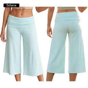 Women Summer Fold Over Wide Leg Capri Pants Low Rise Lounge Yoga Flare Culottes Y2k Soft Flowy Crop Palazzo Pants Beach