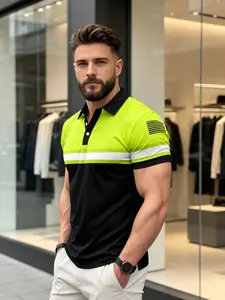 Men's Fluorescent Striped Athletic Polo Shirt, Casual Loose-Fit Short Sleeve, Breathable Golf Shirt, Lightweight Daily Wear