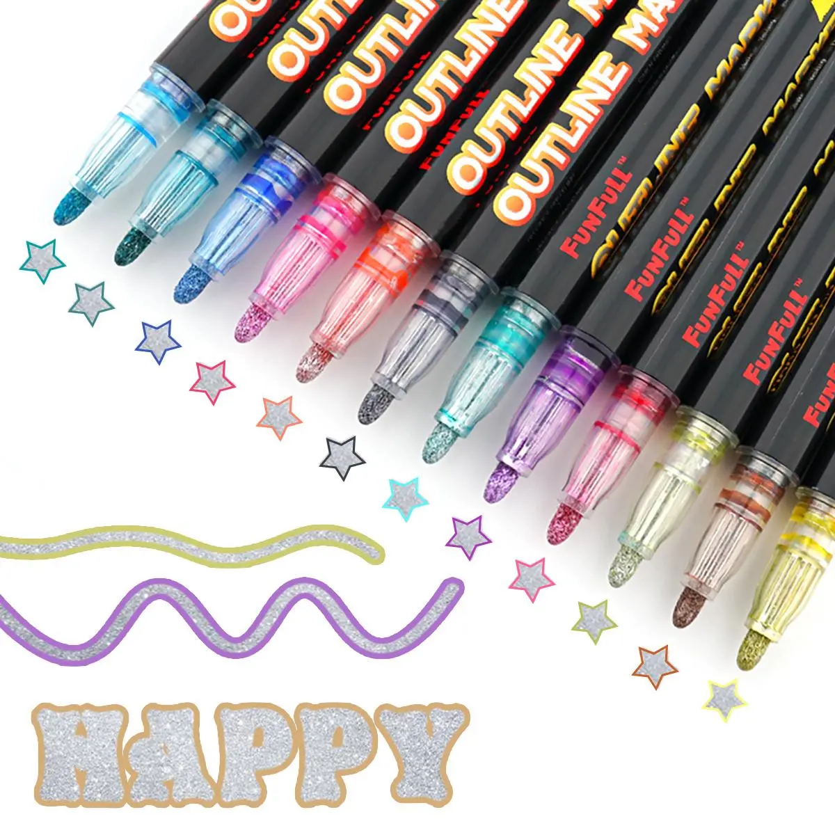 Double Line Outline Marker Pen Set, 12pcs/set Squiggles Shimmer Outline Marker Pen Set, Glitter Sparkling Writing Drawing Pens for Birthday Greeting Card, Doodling, Art Crafts, Creative Projects, Artist Drawing Pen, Outline Shimmer Markers