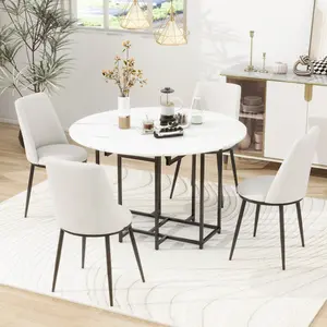 Space-Saving 5-Piece Extendable Kitchen Dining Table Set for Small Spaces - Round Faux Marble Top with Black Frame, 4 Upholstered Chairs, Compact Foldable Design,White+Beige